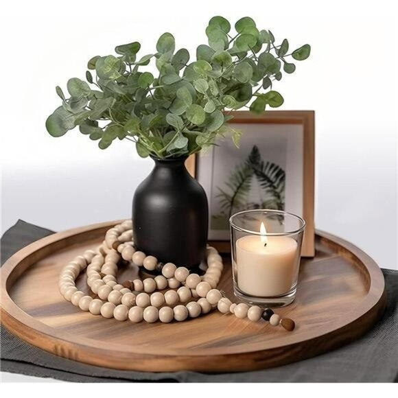Acacia Wood Round Tray Decorative Coffee Table Centerpiece Kitchen Decor - Picture 1 of 7
